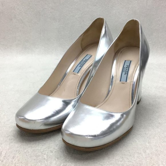 PRADA Leather Silver Block Heel Pumps - Picture 2 of 15